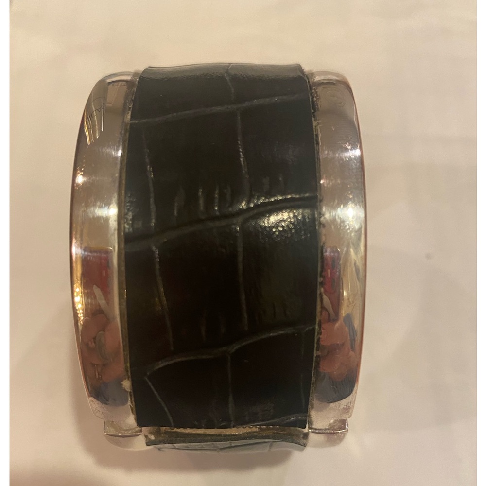 Bebe Black Croc-Embossed Leather Wide Cuff silver hinged Bracelet 1.75” w